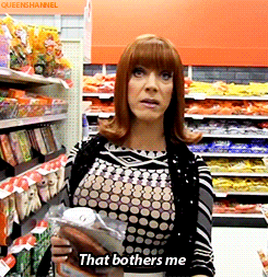 Drag artist Coco Peru in a Target grocery aisle saying, “that bothers me.”