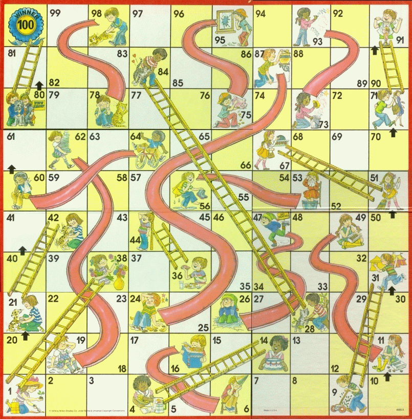 Chutes & Ladders board game - yellow and white squares, red chutes and brown ladders