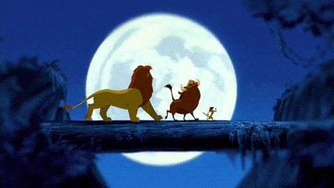 Gif dal cartone animato "Il re leone", con un leone, un suricato e un facocero che camminano lungo un tronco d'albero in orizzontale. Ambientazione blu, notturna, e sullo sfondo una luna piena.