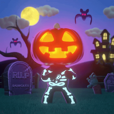 GIF of a pumpkin skeleton dancing.