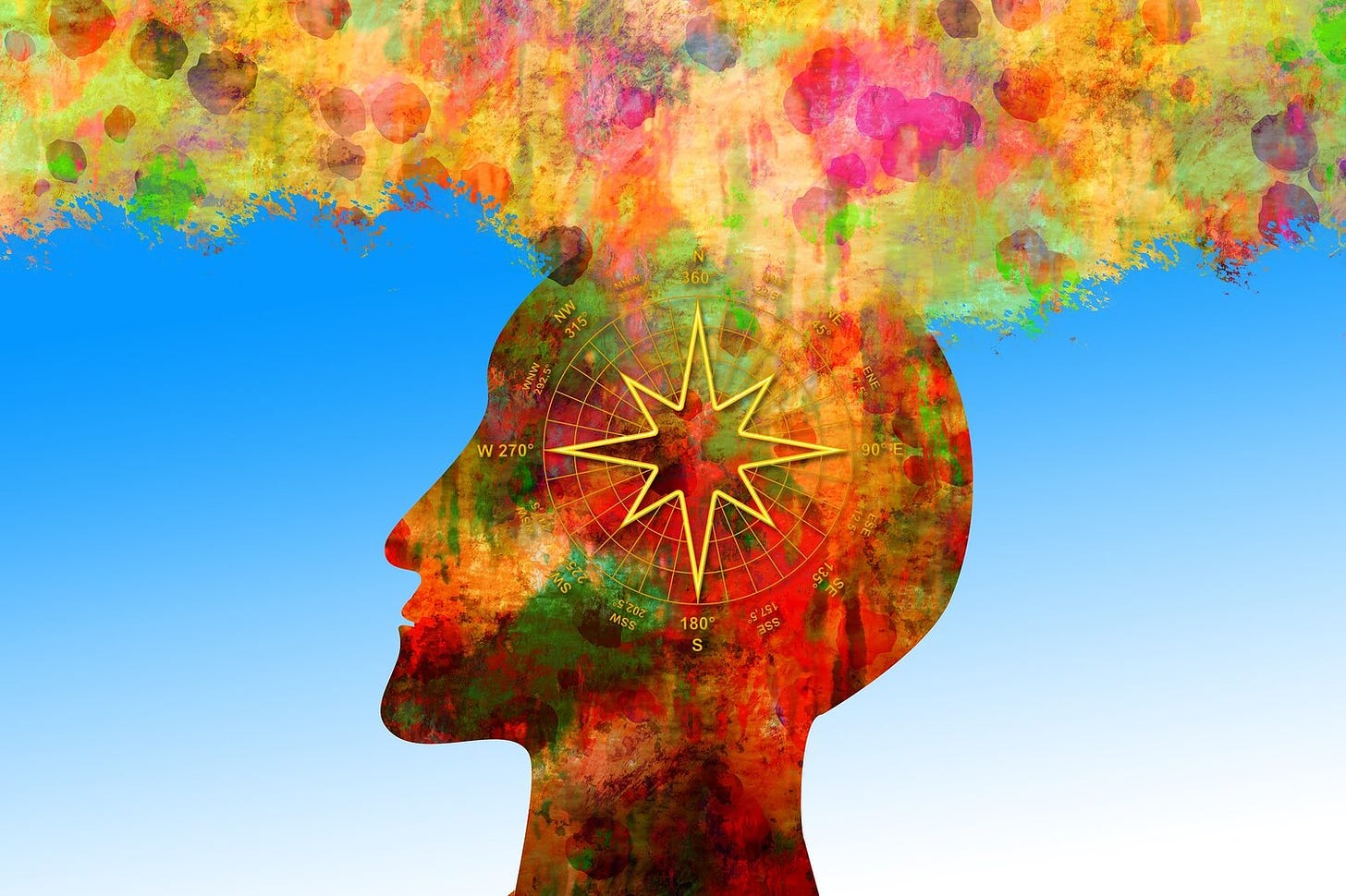 A medium-blue background with an outline of a human head in profile, with a compass where the brain would be. The head is mottled reds, greens, and yellows, which appear to leak out the top of the head like a smoke cloud.