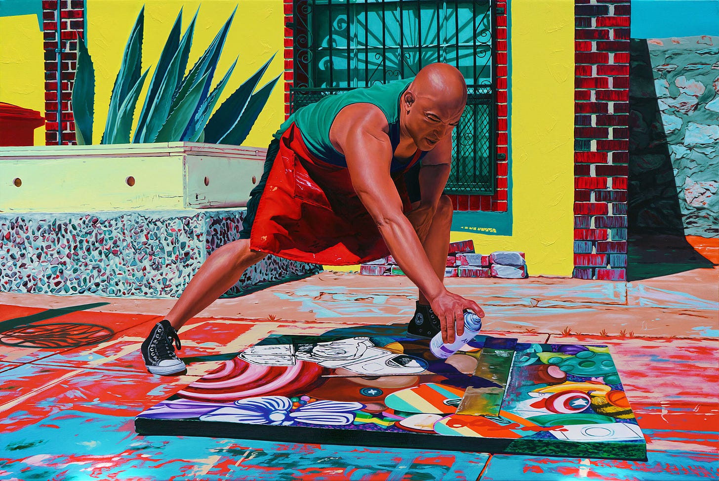 Oil on canvas, titled "En Pleno Día", depicting a bald figure – wearing a red apron and black Converse – bent over a canvas that is flat on the ground, spray painting an abstract design. Behind the figure is a yellow house and a large planter.