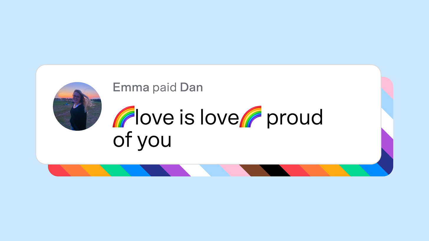 Screenshot of a Venmo transaction between two random people with the note "*rainbow emoji* Love is love, proud of you"