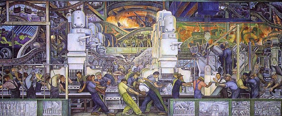 Fresco, by Diego Rivera, of the auto industry in Detroit, circa 1932. The mural is on the north wall in the atrium of the Detroit Institute of Art