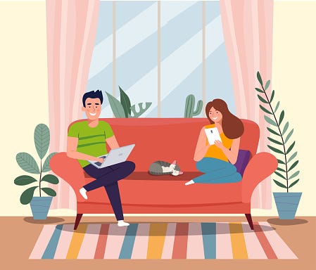 Man Woman And Cat Sitting On The Couch With Notebook And Tablet Vector Flat  Illustration Stock Illustration - Download Image Now - iStock
