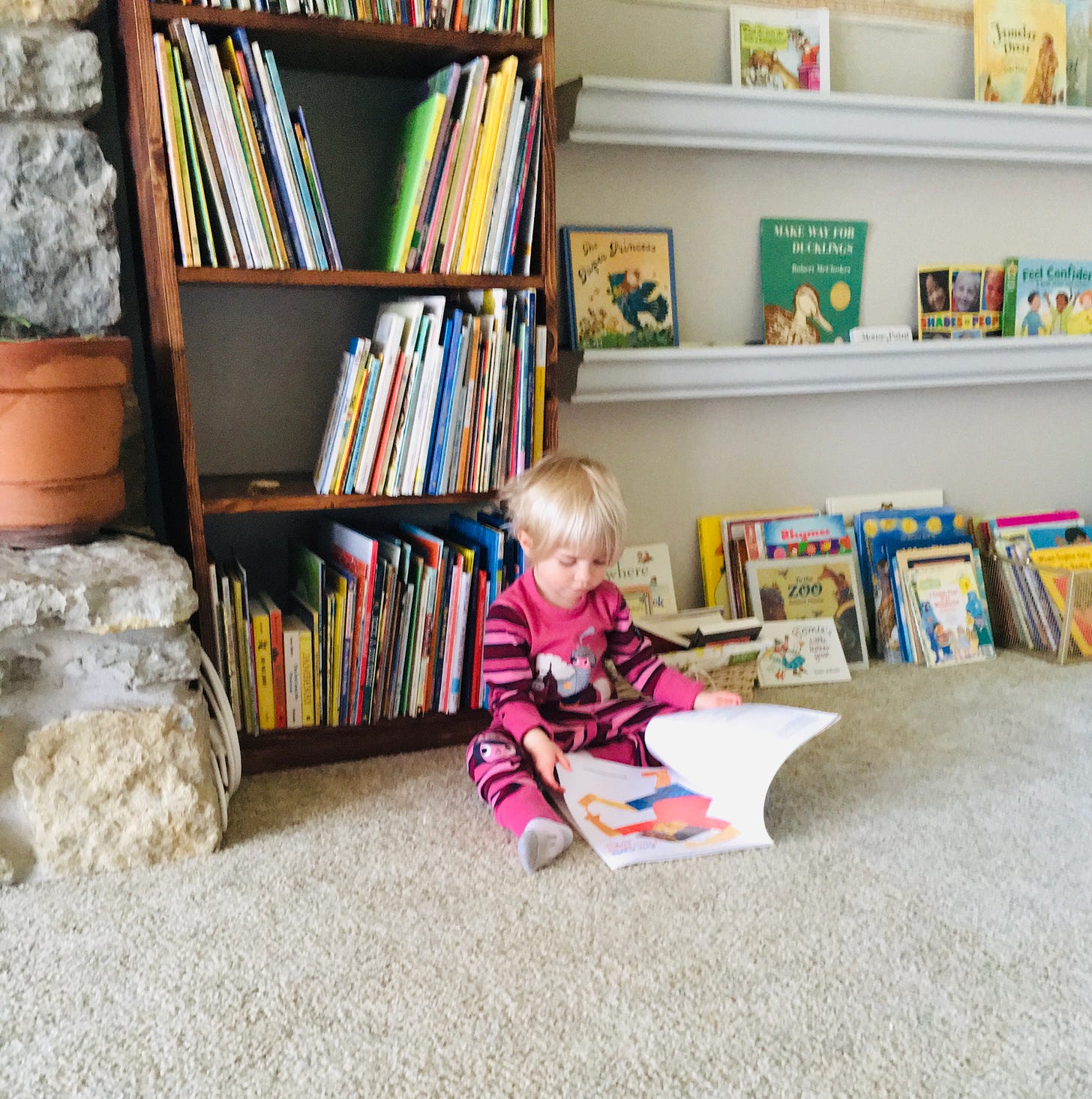 A toddler sitting on the floor paging through a picture book in front of a bookcase full of books and two book shelves made out of rain gutters