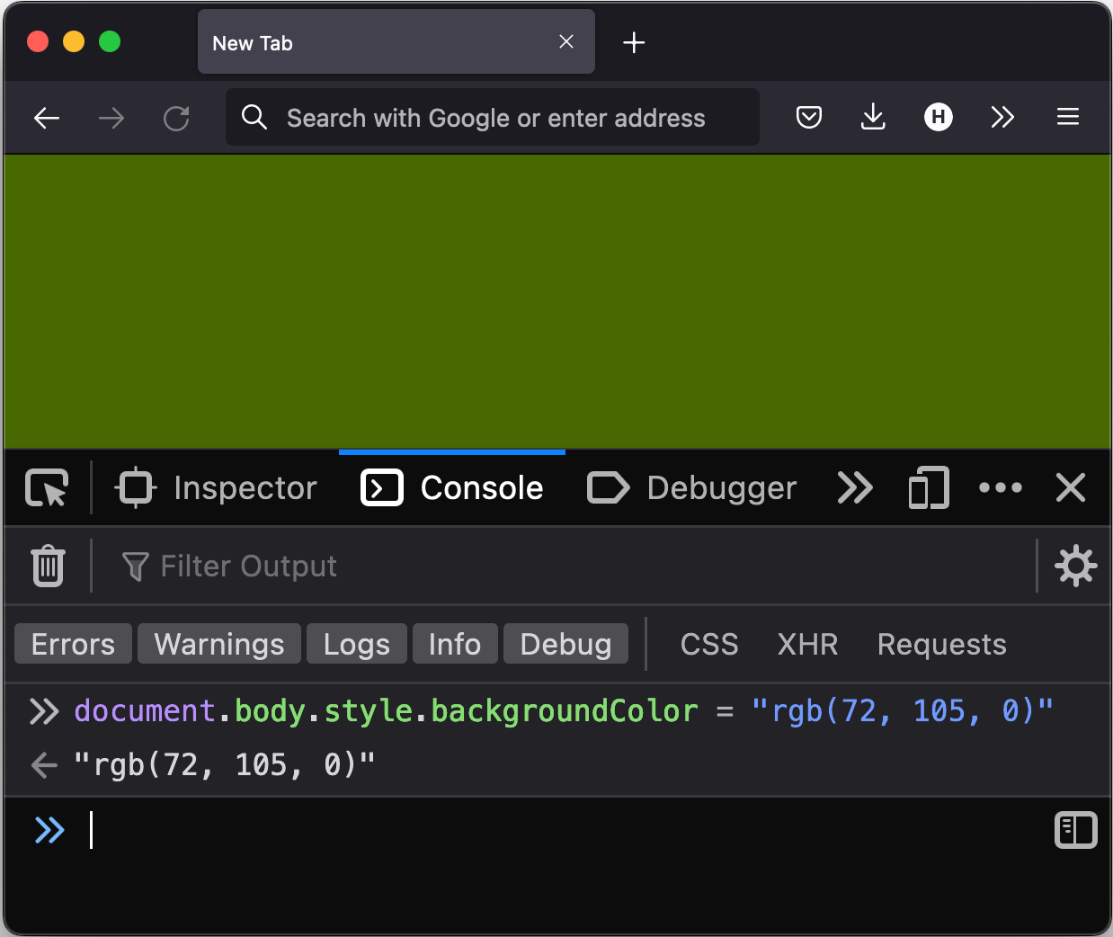 A browser window showing a page with a green background.  The JavaScript console is open, and the following statement has been entered: document.body.style.backgroundColor = "rgb(72, 105, 0)" 