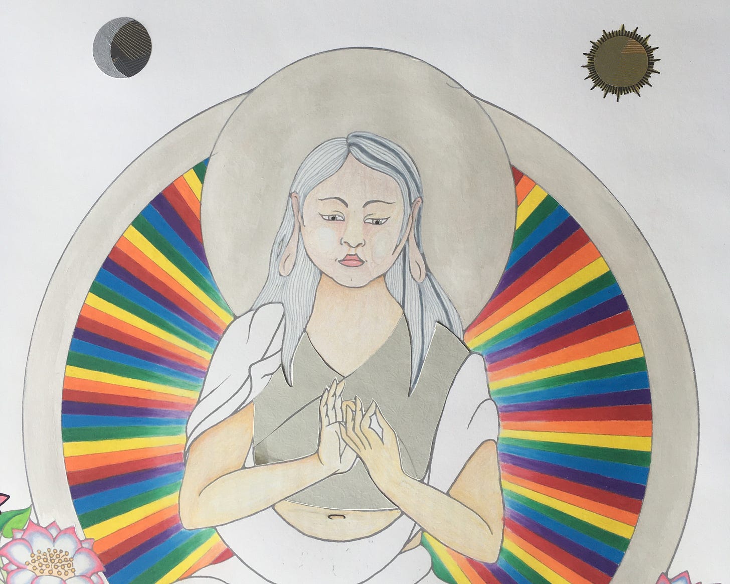 Vairochana image showing much more completion, including pearl white acrylic paint in the circle around her head and around the outside of the rainbow radiance lines. Her hair is white with a few grey streaks in it. Above her on the left is a silver crescent moon over black and gold washi paper cut into a circle. Above her on the right is a gold sun cut from washi paper with gold radiance lines extending out from it.