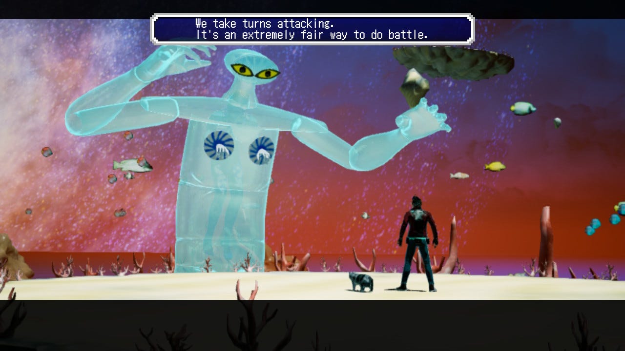A screenshot from the JRPG battle in No More Heroes 3, where the boss is saying "We take turns attacking. It's an extremely fair way to do battle."