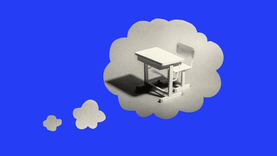 Illustration of a thought bubble with a desk in it
