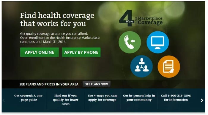 An image of Healthcare.gov, circa 2013. The three big buttons say to “Apply now”, “Apply by Phone”, and “See plans Now”. There’s no indicator or button of the first step users likely want to take, which is “What do I need to know about Healthcare Insurance?”