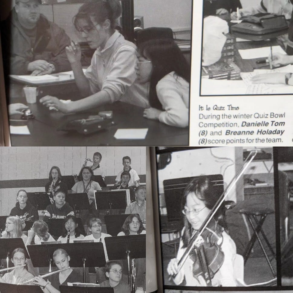 Three photos from my eighth grade yearbook showing Quiz Bowl, band, and orchestra