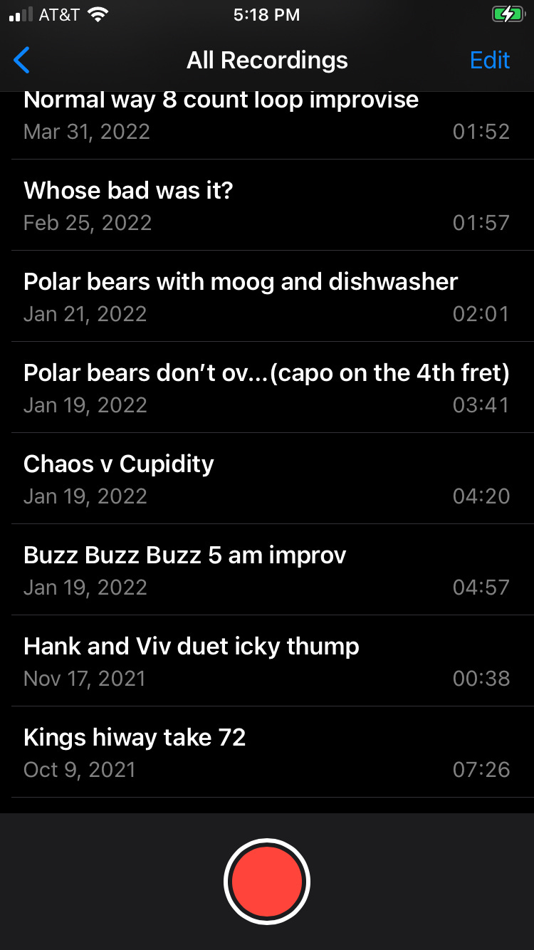 screen capture of Faux Jean's voice memos app, which shows that he also has a song called "Buzz Buzz Buzz."
