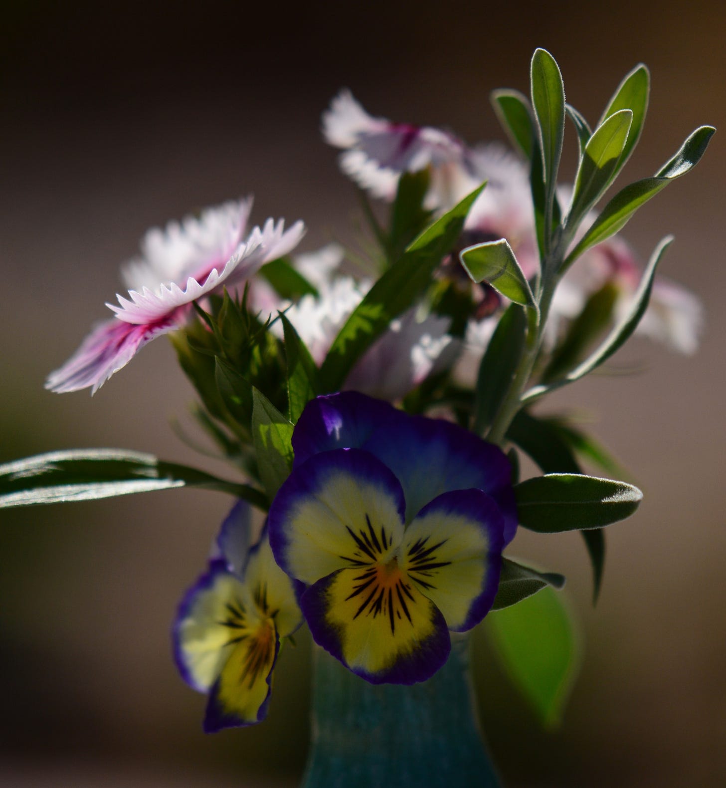 close-up of the Monday vase with violas and dianthus