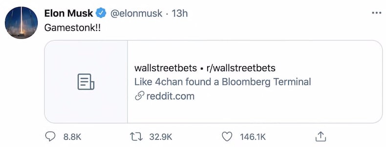 GameStop explodes another 157% higher after Elon Musk's 'Gamestonk' tweet  extends Reddit-driven short squeeze | Markets Insider