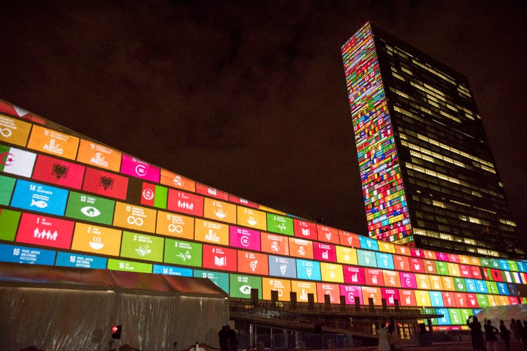 September 2015: on the eve of the United Nations summit to agree the 2030 Agenda, a film introducing the 17 Sustainable Development Goals is projected onto the UN headquarters building (Photo: UN Photo/Cia Pak)