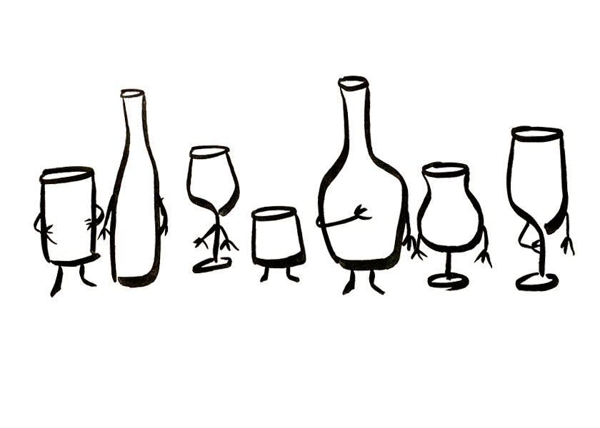 A group of differently shaped and sized anthropomorphic glassware and bottles