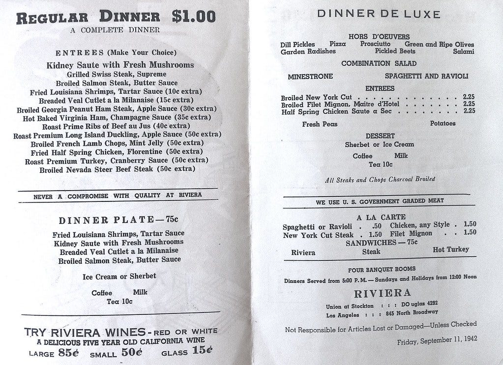 Riviera restaurant menu, Friday, Sept. 11, 1942