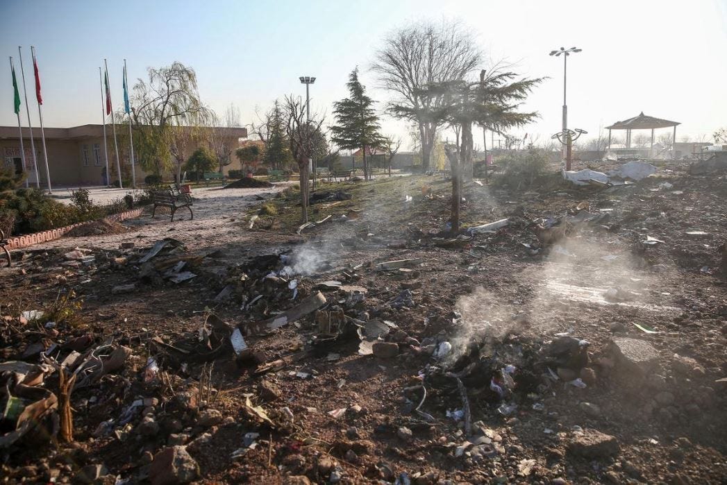 Wreckage of Ukraine International Airlines flight PS752 after being shot down by Iran’s IRGC — January 2020