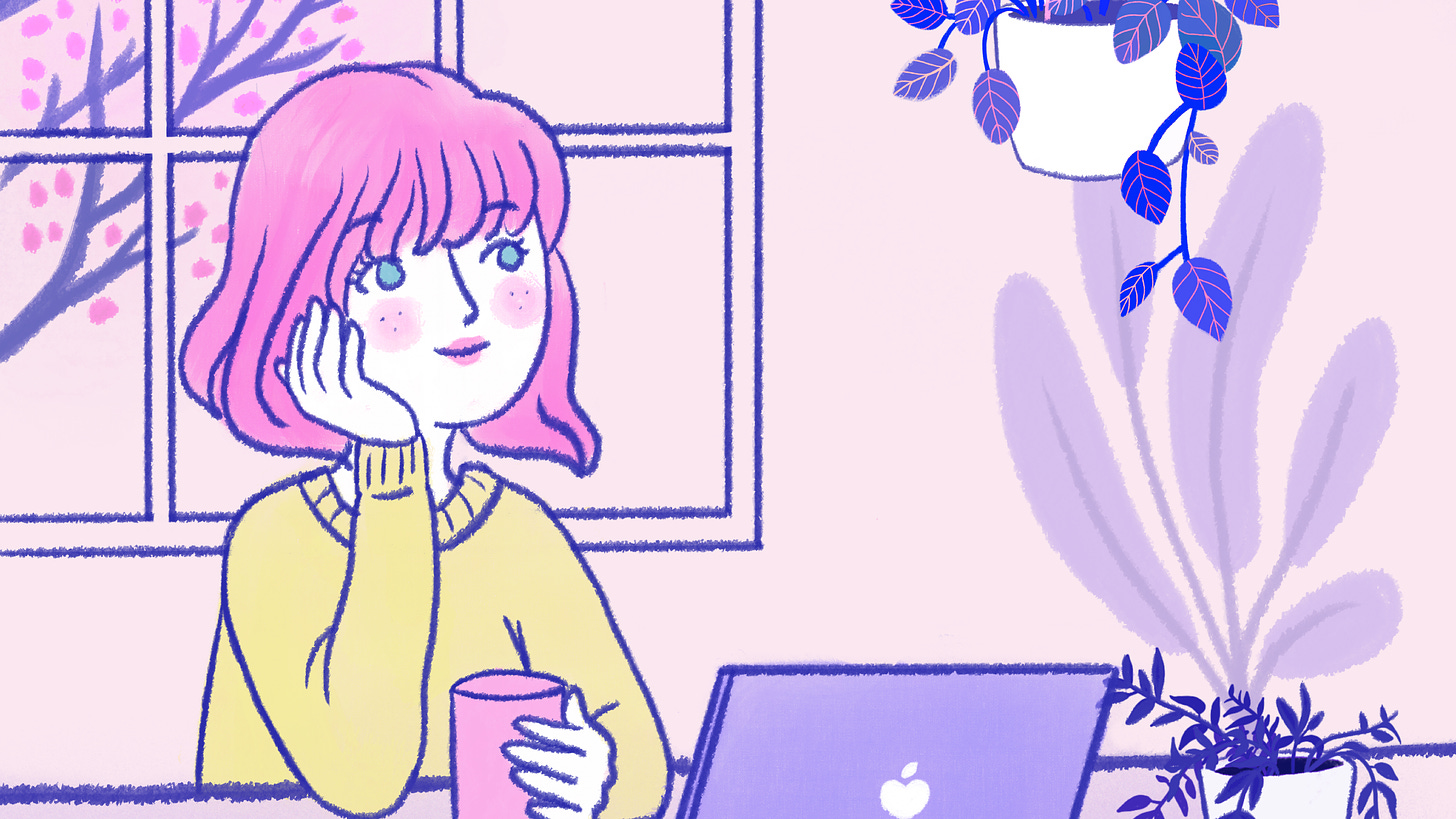 Drawing of a pink-haired person looking into the distance with a gentle smile, holding a cup, in front of an open laptop.