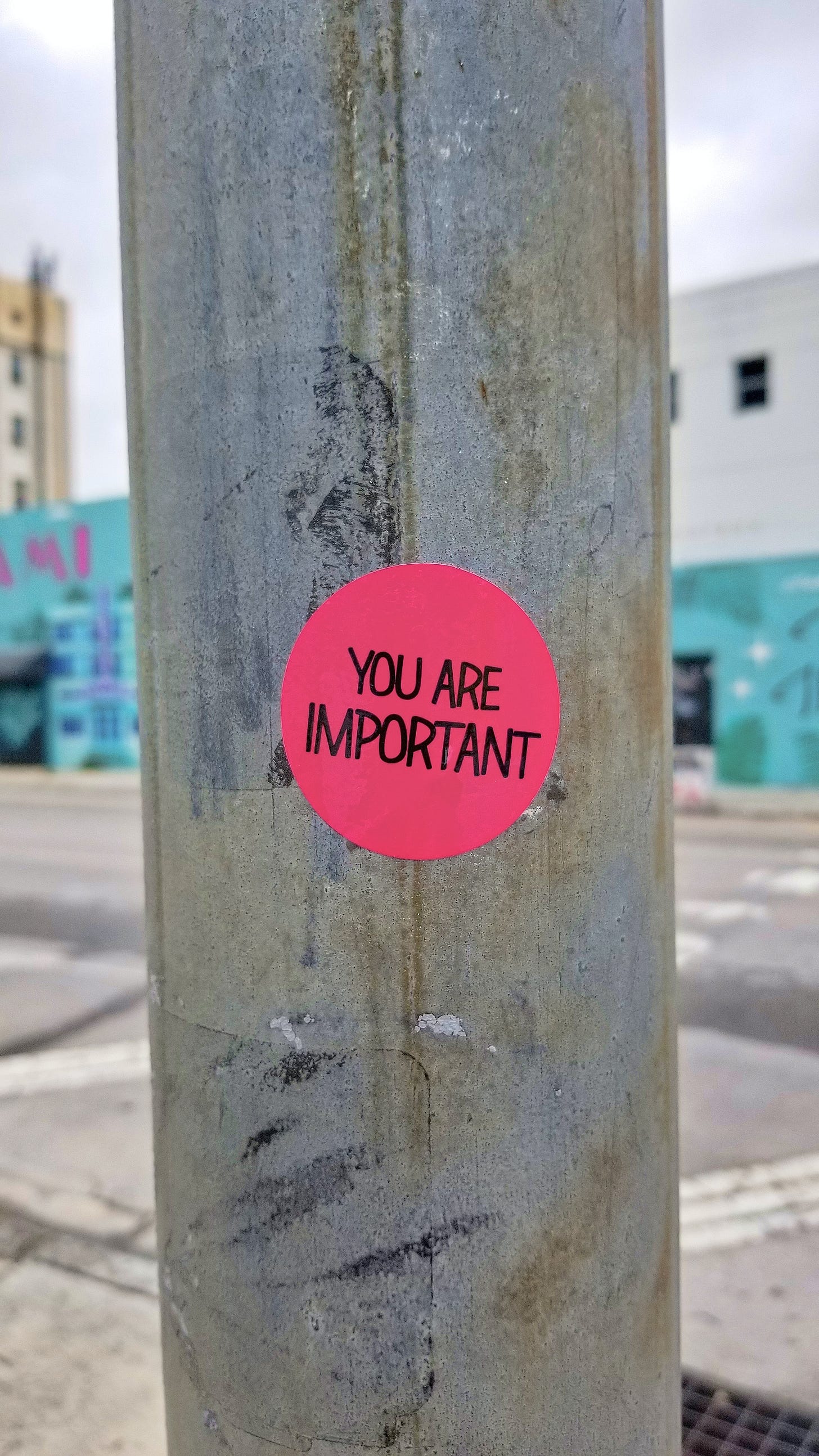 Pink sign on telephone pole reading "You are important".