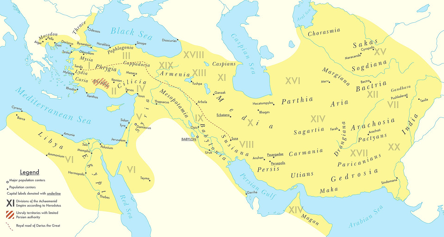 The Achaemenid Empire at its greatest territorial extent, under the rule of Darius I (522 BC–486 BC)[2][3][4][5]