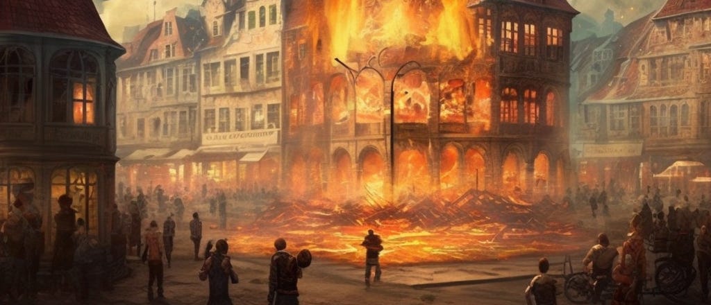 An old-town square with a building on fire. A crowd gathers around to watch.