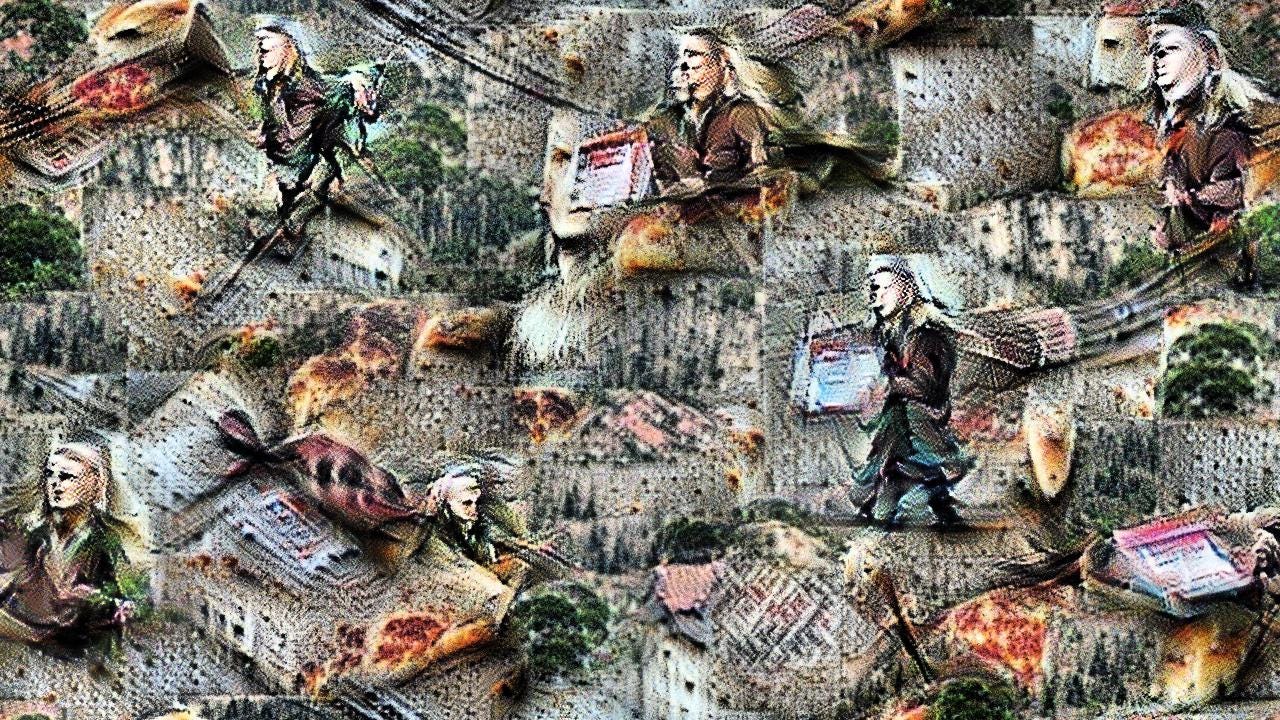 Several figures with long blond hair and dressed in green, striding in various directions across a vague landscape. Pizza boxes and slices float everywhere.