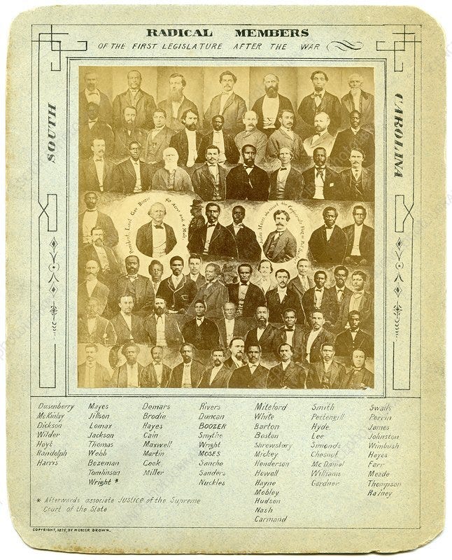 “Radical Members” of the South Carolina Legislature, including Prince Rivers (fourth row, on the left) and the author’s ancestor, Eben Hayes (third row, third from left).