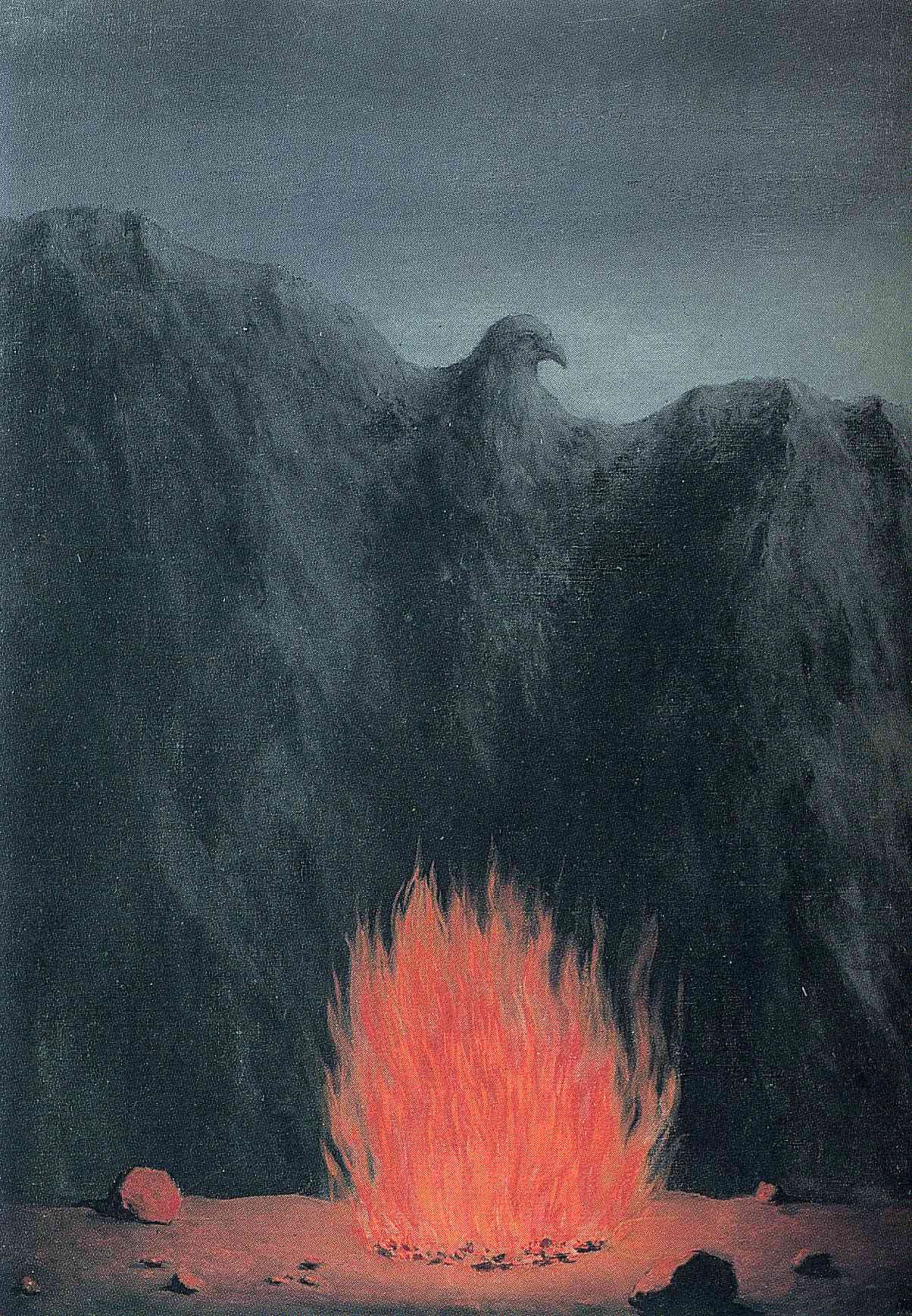 A dark and rocky landscape at night; a fire; an eagle sculpture.