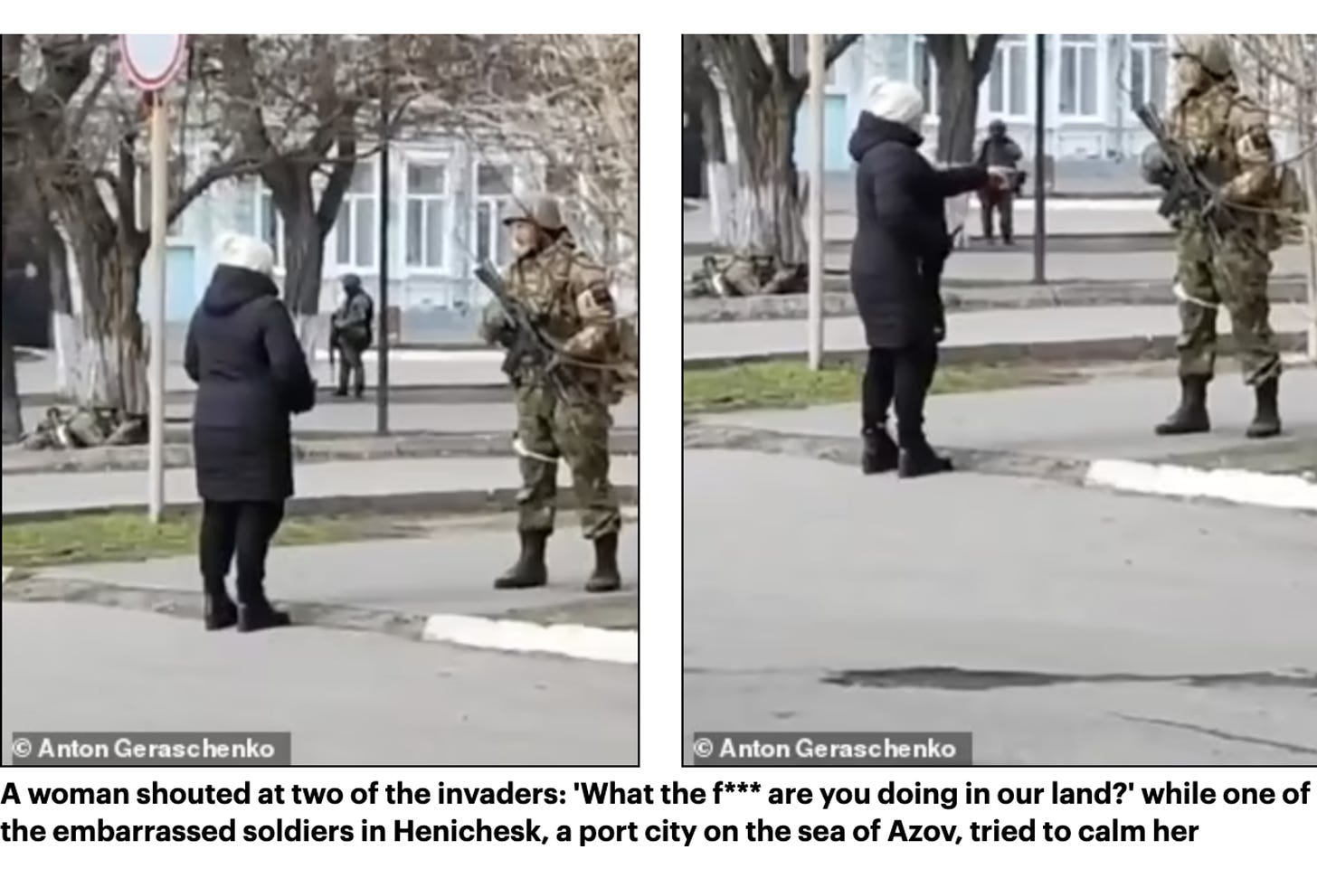 two photos of the back of a ukrainian grandmother in front of a russian soldier