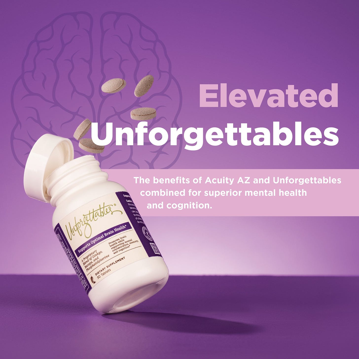 May be an image of text that says 'Elevated Unforgettables The benefits of Acuity AZ and Unforgettables combined for superior mental health Mfpritatto Optimal Brain and cognition. PLEMENT 30Tablt l'