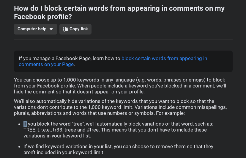 Screenshot of Facebook's page entitled How do I block certain words from appearing on my Facebook profile