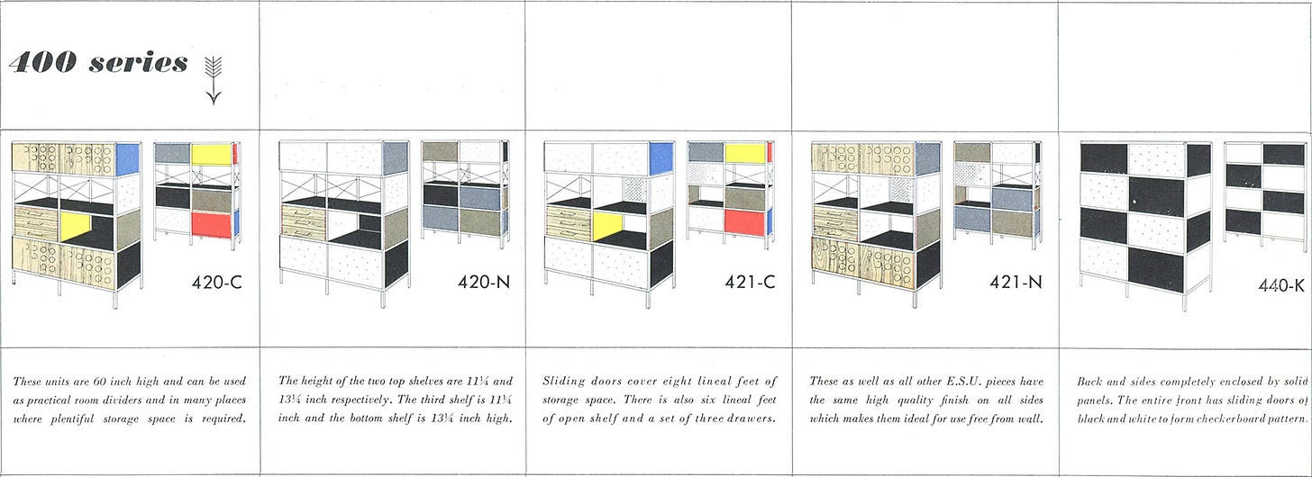 The tallest of the Eames ESU units, the 400 series, were generally found with one set of 3 drawers on the left hand section however they were also available with purely sliding doors too