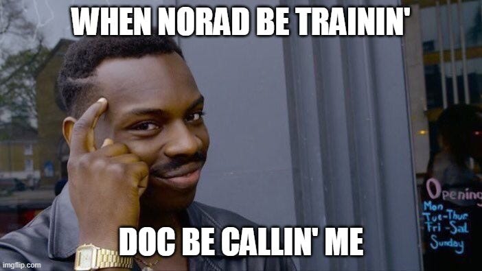 Roll Safe Think About It Meme |  WHEN NORAD BE TRAININ'; DOC BE CALLIN' ME | image tagged in memes,roll safe think about it | made w/ Imgflip meme maker