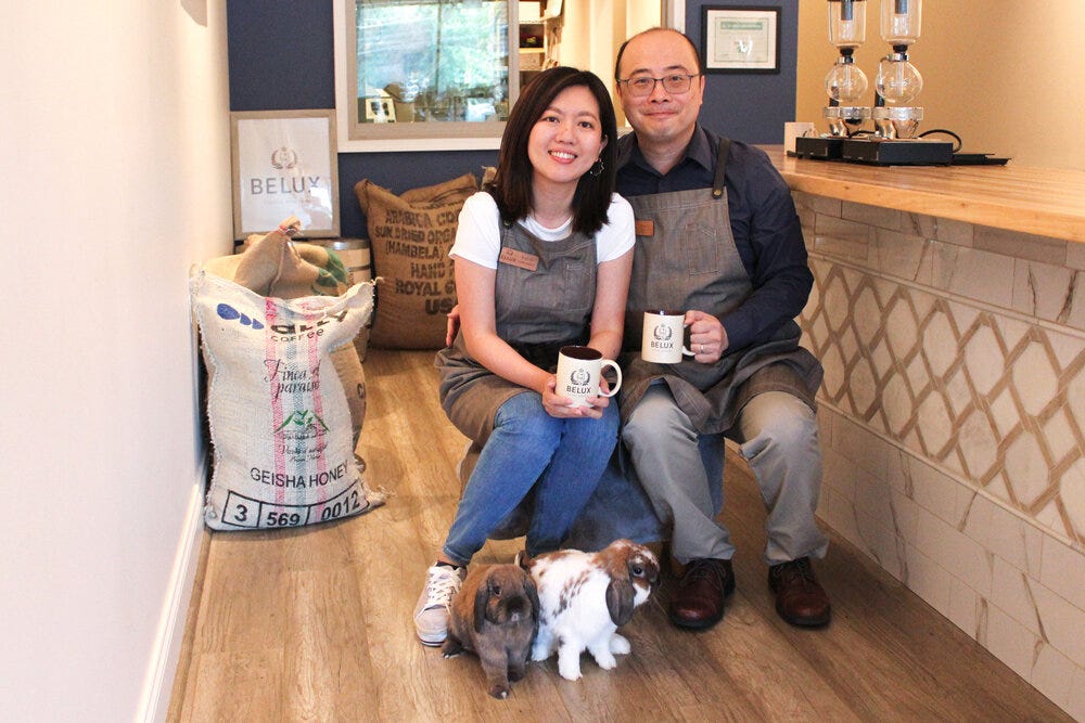 Ben, Lucy, and Bela (with friend Dora) at Belux Coffee Roasters. Photo used with permission from Belux Coffee Roasters.