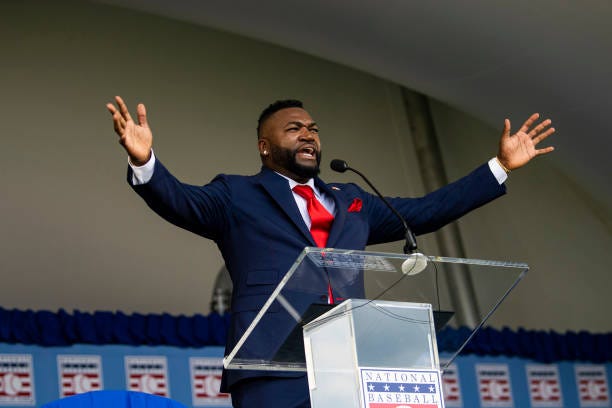 Hall of Fame Class of 2022 Inductee David Ortiz speaks after being presented with his plaque during the induction ceremony during the 2022 Hall of...