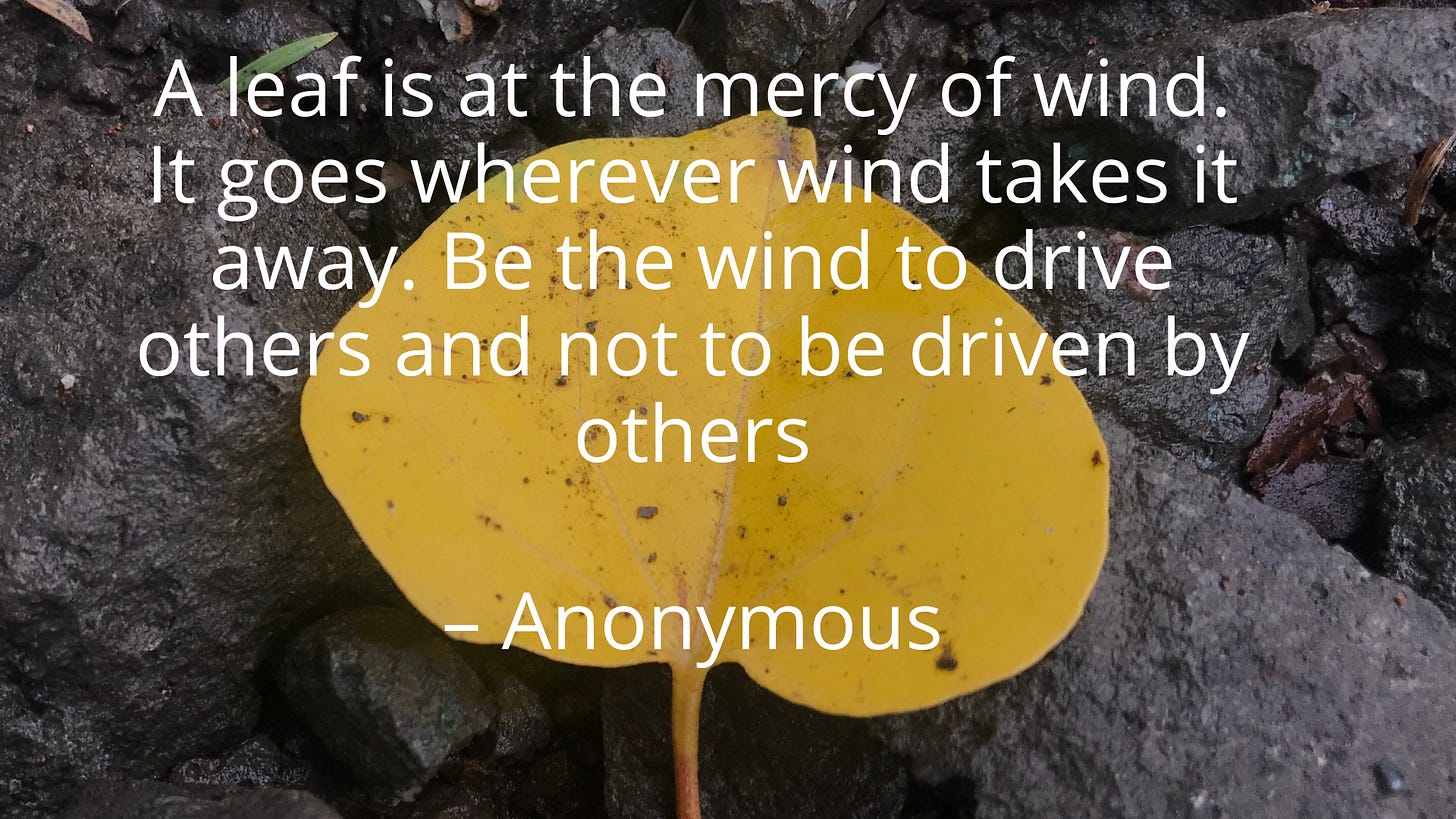 A leaf is at the mercy of wind. It goes wherever wind takes it away. Be the wind to drive others and not to be driven by others – Anonymous A leaf is at the mercy of wind. It goes wherever wind takes it away. Be the wind to drive others and not to be driven by others – Anonymous