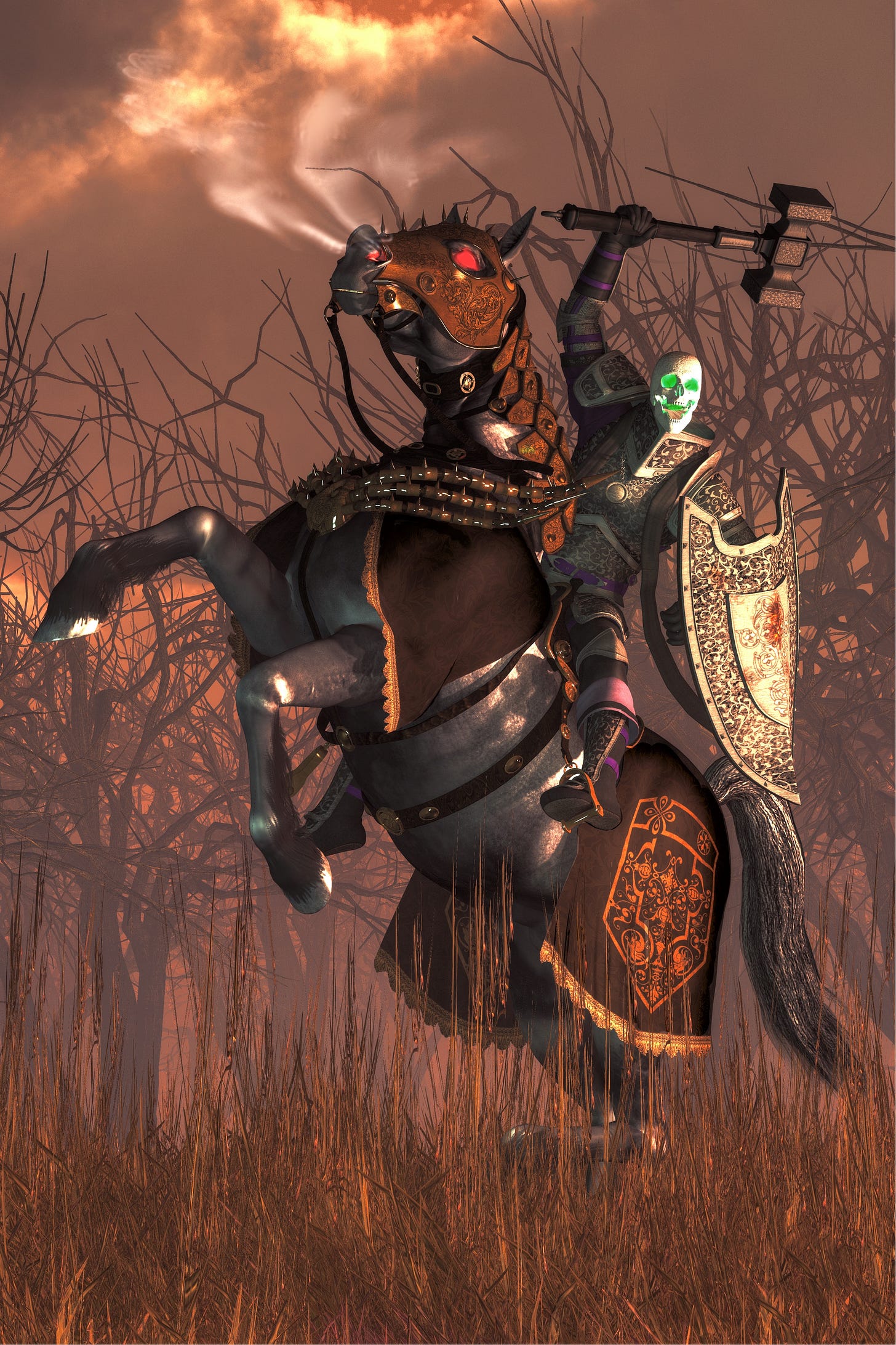 Warhammer wielding skeleton on a red eyed , armored brown horse