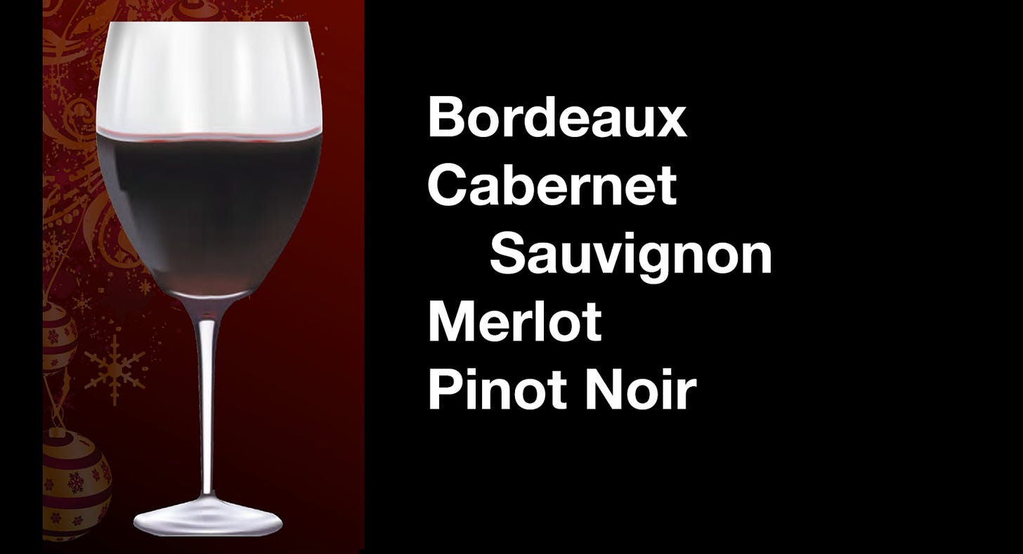 Correct wine glass for Bordeaux, Cabernet, Merlot and Pinot Noir.