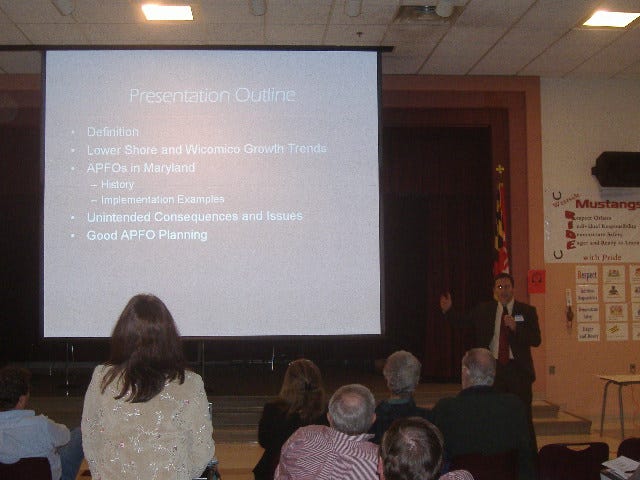 Jason Sartori was brought in as the expert speaker for this evening's program. The subject of his discussion was Adequate Public Financing Ordinances, or APFO's for short.