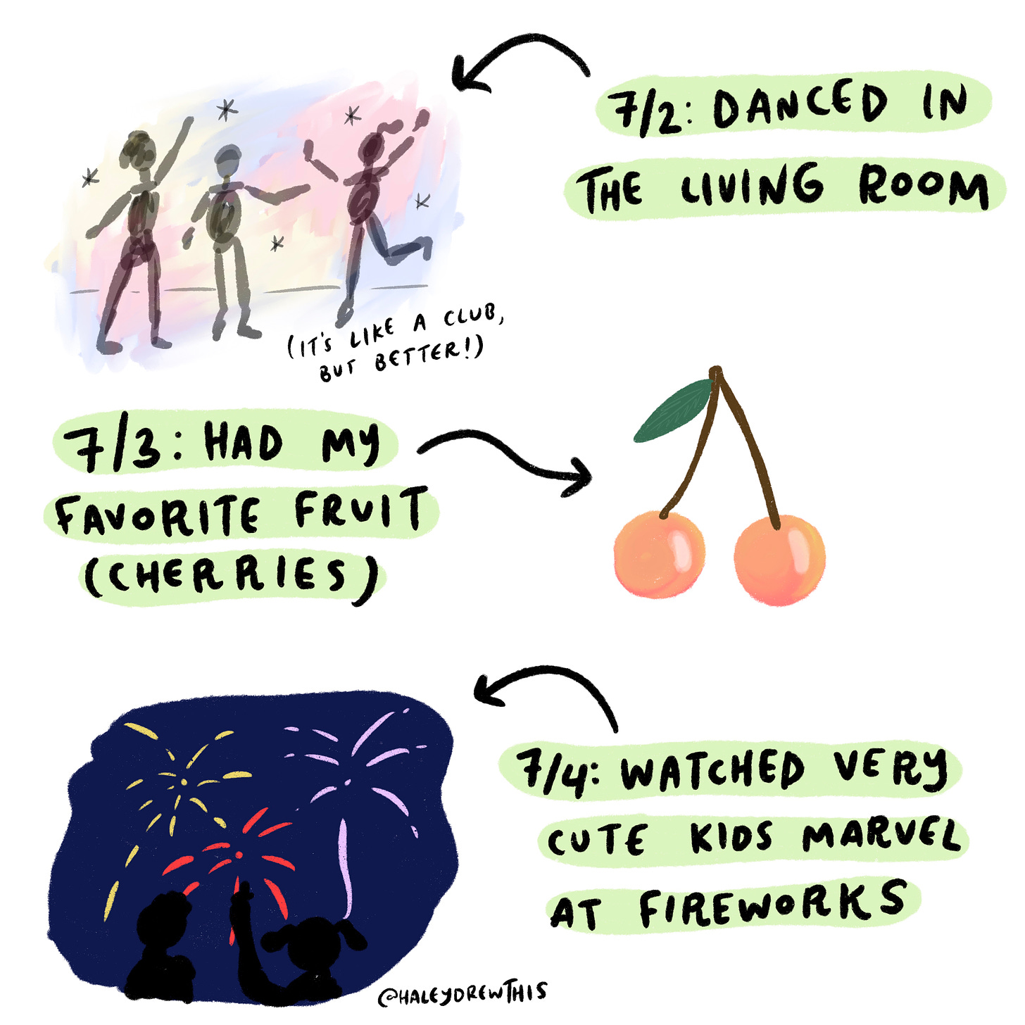 danced, had cherries, saw fireworks