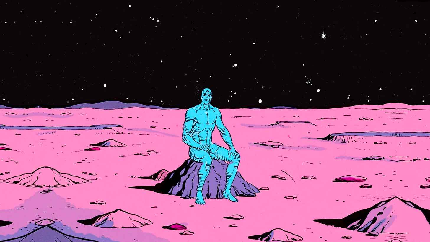 Dr. Manhattan on the moon. Contemplating.