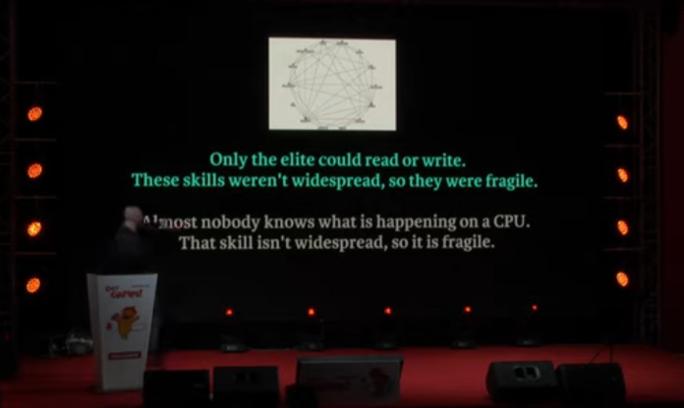Slide from Jonathan Blow's talk. Text reads: "Only the elite could read or write. These skills weren't widespread, so they were fragile. Almost nobody knows what is happening on a CPU. That skill isn't widespread, so it is fragile."