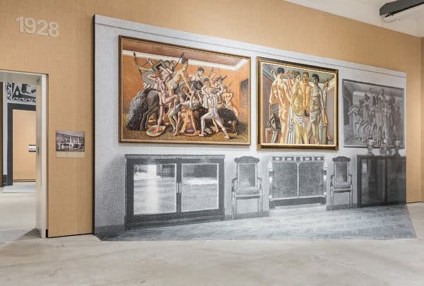 The exhibition for &ldquo;Post Zang Tumb Tuuum&rdquo; features black-and-white photographs blown-up to actual size and printed on wallpaper; the paintings and sculptures are then hung or placed in the very spots they appeared initially.