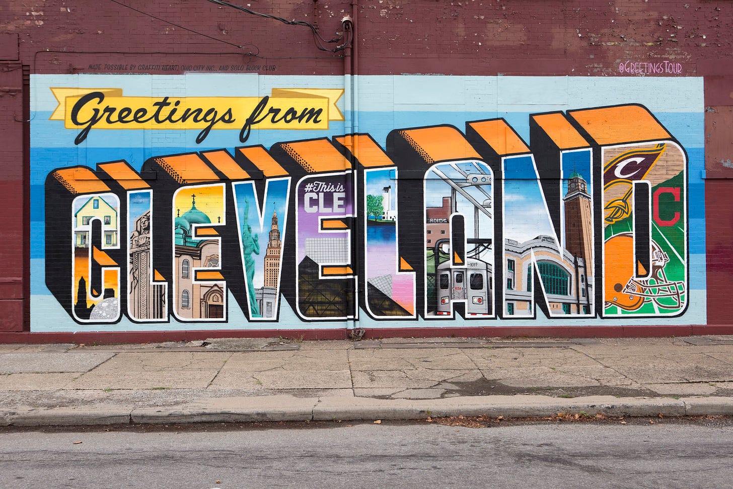 Greetings from Cleveland Mural in Ohio City - Street Art Wall Sign Painting  — Greetings Tour - Postcard Mural Artists