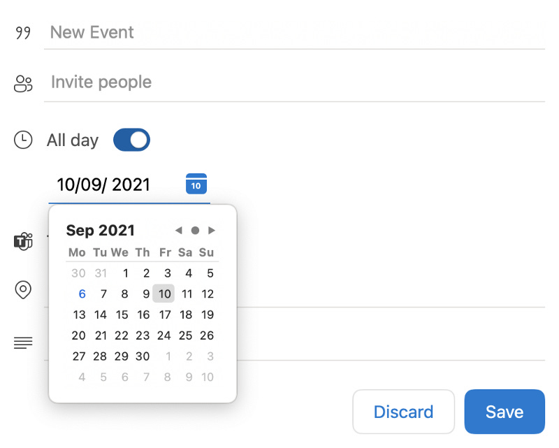 Date picker from Outlook showing a calendar picker component
