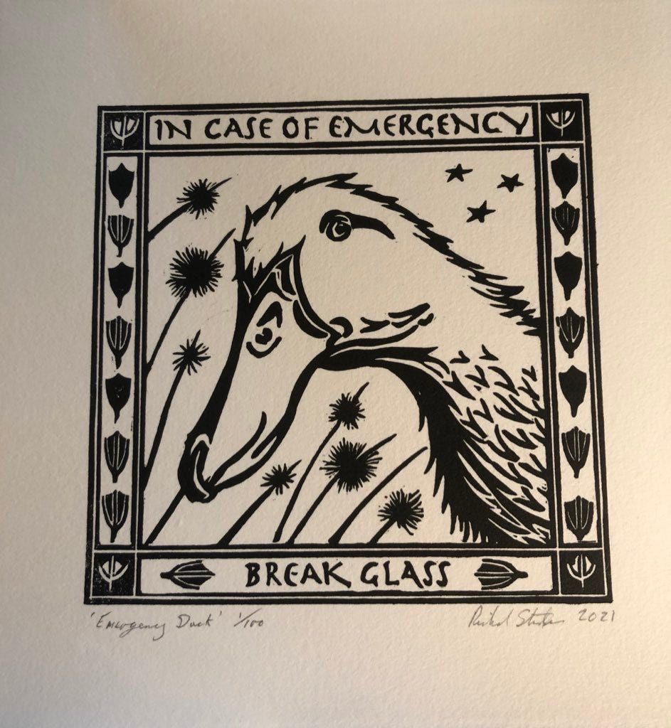 A linocut image of a duck's head. It has a cheeky air about it. The border has a series of duck's feet. Behind the duck, teasels and stars. The caption is "In case of emergency, break glass".
