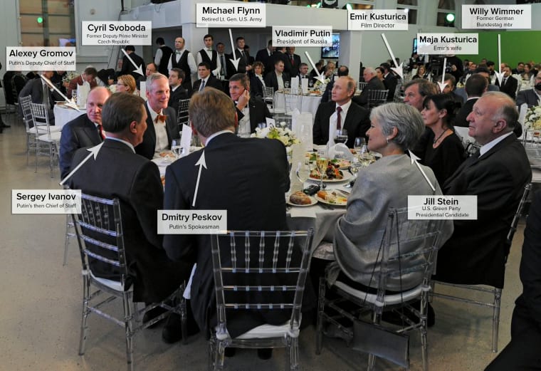 The head table of a gala celebrating the tenth anniversary of Russia Today in December of 2015 included Russian President Vladimir Putin and American retired Lt. Gen. Michael Flynn.