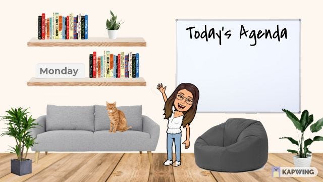 A Bitmoji classroom with a whiteboard that reads "Today's Agenda." A Bitmoji figure with dark hair and glasses is raising her arm toward some bookshelves. There is a cat on a couch, a beanbag chair and a plant. 